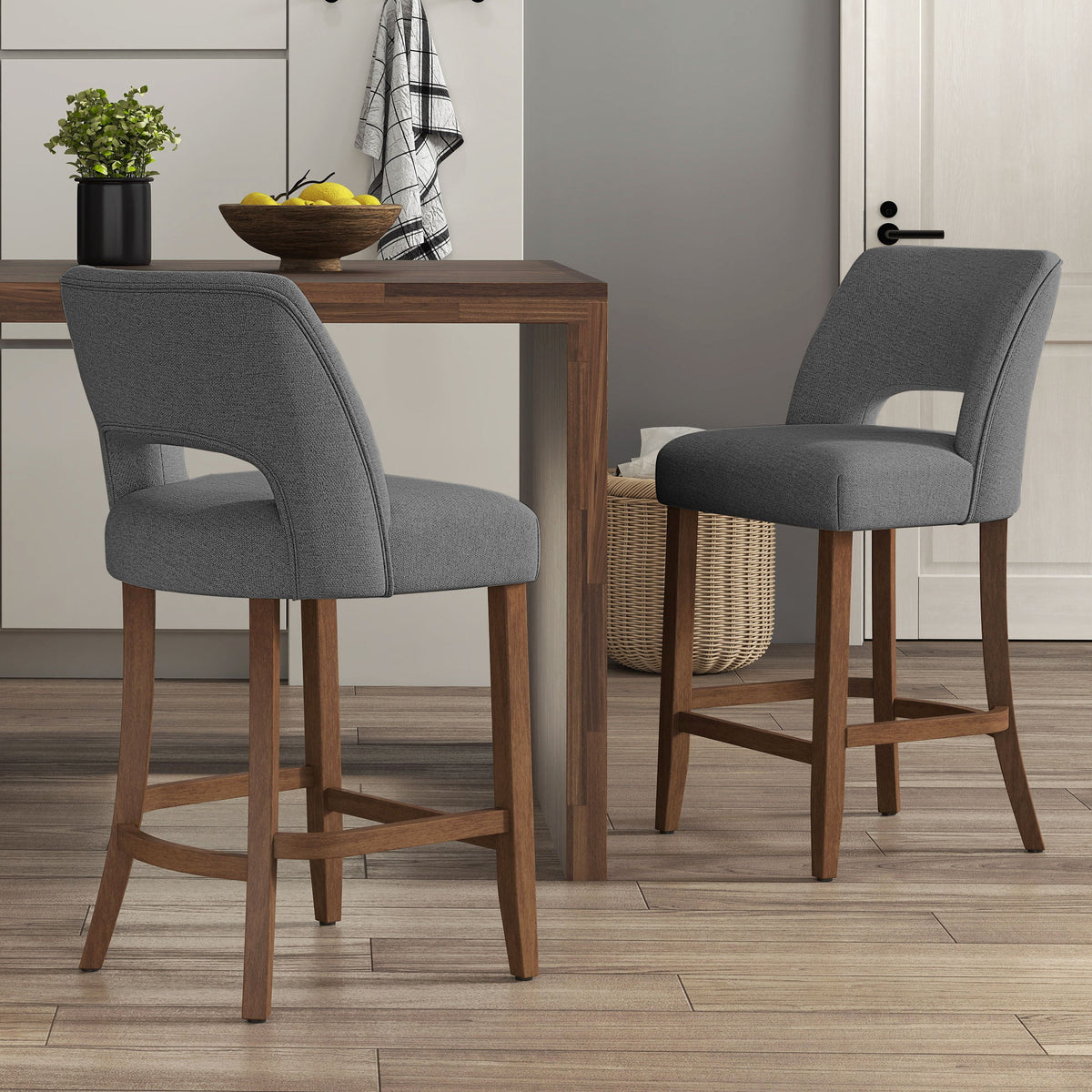 Bar Stools Set of 2, 26" Upholstered Counter Height Bar Stools, Modern Counter Stools with Wood Legs for Kitchen Island Dining Room Bar,Gray Fabric