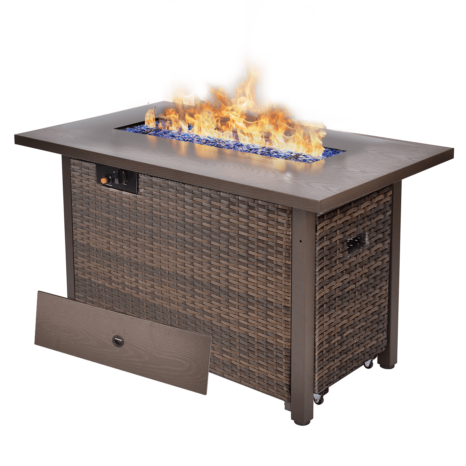 TANGJEAMER42" 55,000 BTU Outdoor Propane Fire Pit Table with Tempered Glass Beads – Hand-Woven Rattan Design with Pull-Out Drawer & Protective Lid