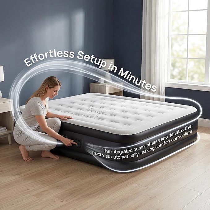 16 inch Portable Queen Air Mattress, Inflatable 3 minutes Thickened PVC material,bed surface Comfort Flocked cotton