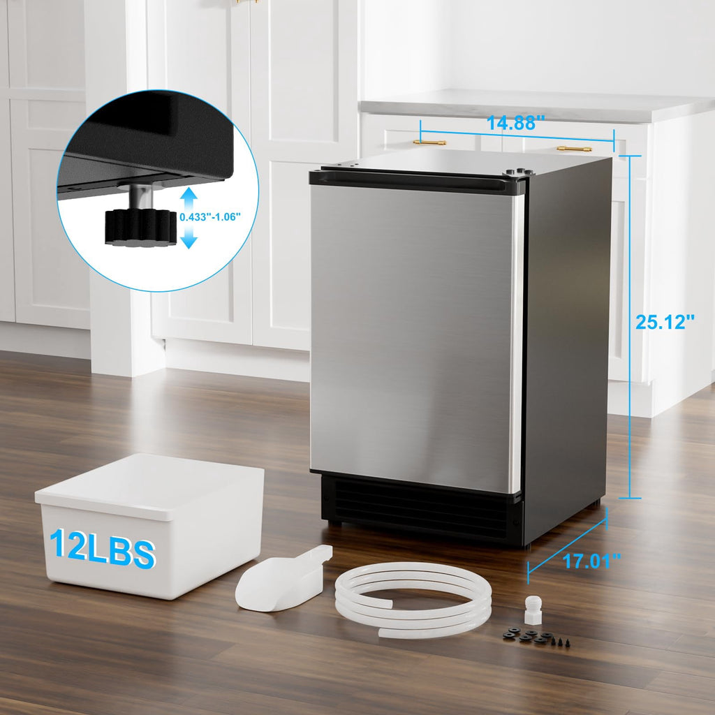 15" W Under Counter Ice Maker No Drain Required Stainless Steel Freestanding & Built-in Crescent Ice Machine, 12LBS Storage for RV, Marine & Home, ETL
