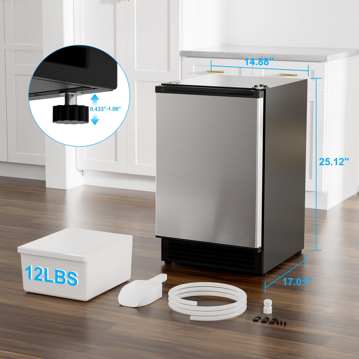 15" W Under Counter Ice Maker No Drain Required Stainless Steel Freestanding & Built-in Crescent Ice Machine, 12LBS Storage for RV, Marine & Home, ETL