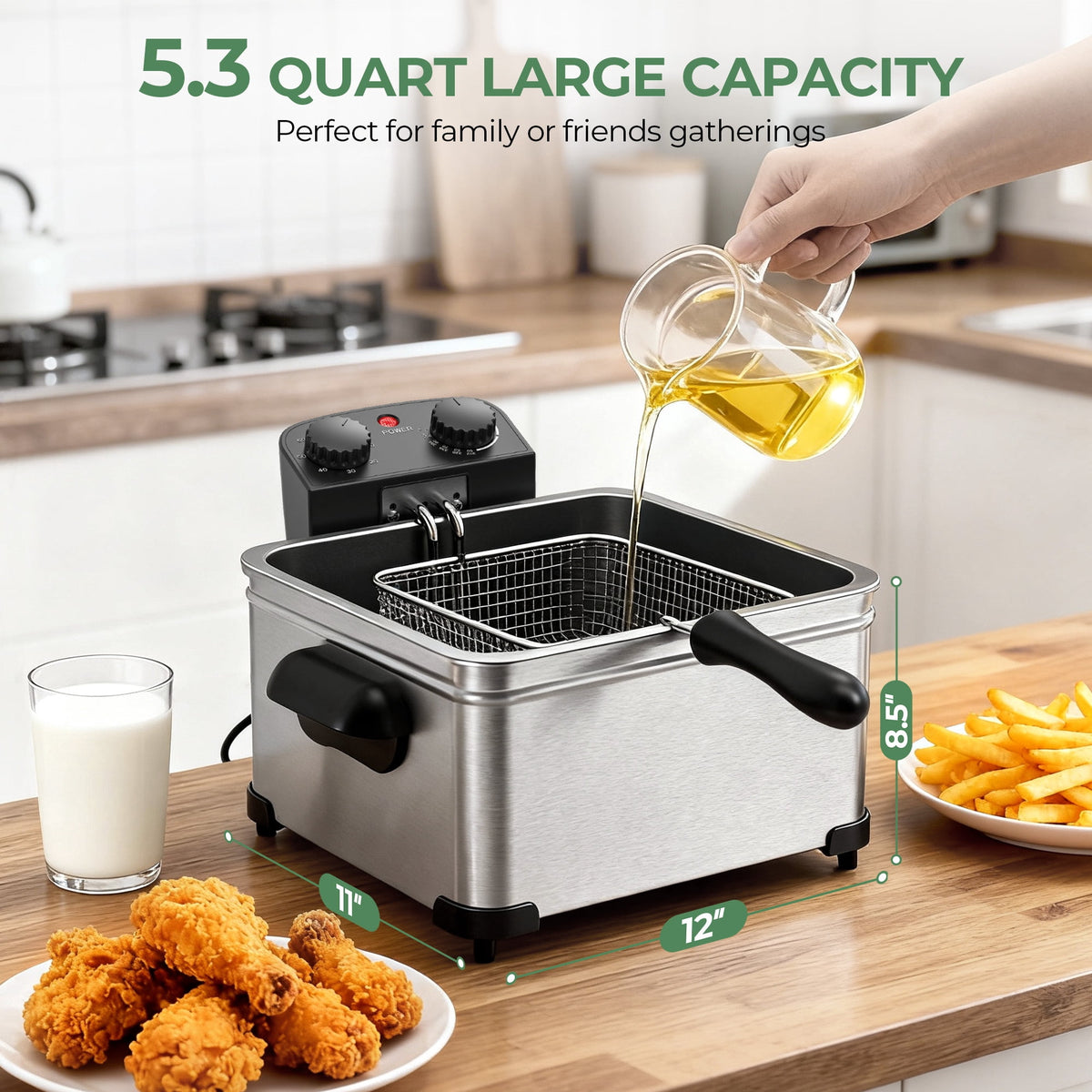 Electric Deep Fryer with 3 Fry Basket, 5.3Qt 1800W 304 Stainless Steel Deep Fryer, Adjustable Temperature Control, Viewing Window, Removable Oil Tank for Home Kitchen,Silver