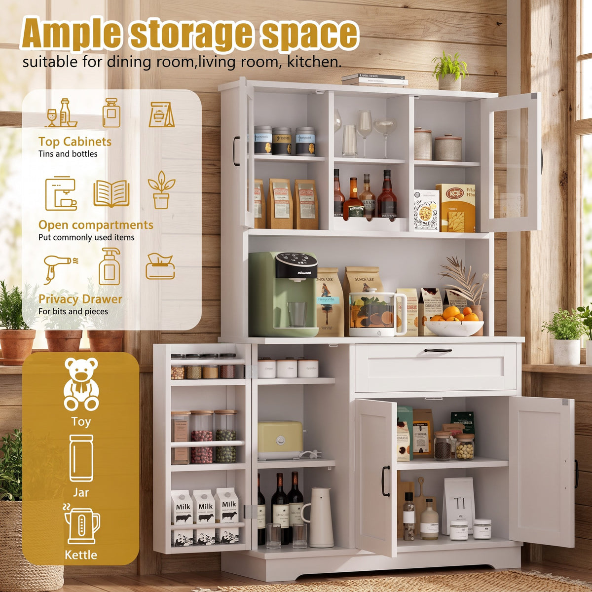68" Farmhouse Kitchen Pantry Storage Cabinet with Doors, Shelves & Wine Rack, 7-Compartment Tall Hutch, White