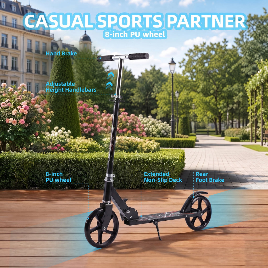 Kick Scooter with 3 Adjustable Levels,Folding Commuter Scooter 8 Inch Big Wheels for Teens & Adults,Black