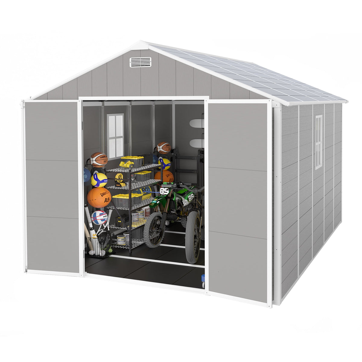 Resin Shed, Outdoor Storage Shed 7.5x10.3FT Extra Large, Outside Garden Shed for Lawn Mover Bike Tool, w/Double Doors, Air Vents, Double Windows, PP Floor