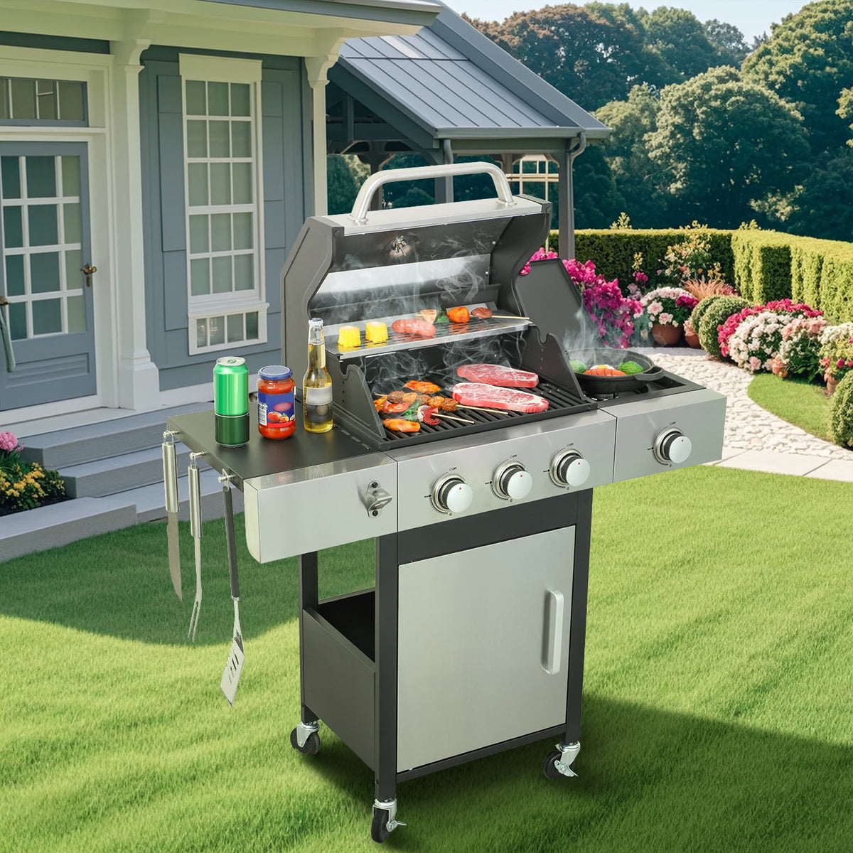 3 Burner Propane Gas Grill, 40000 BTU Stainless Steel BBQ Grill with Side Burner, Enameled Cast Iron Grates, Lockable Wheels, Outdoor for Patio Backyard Garden Camping, Black