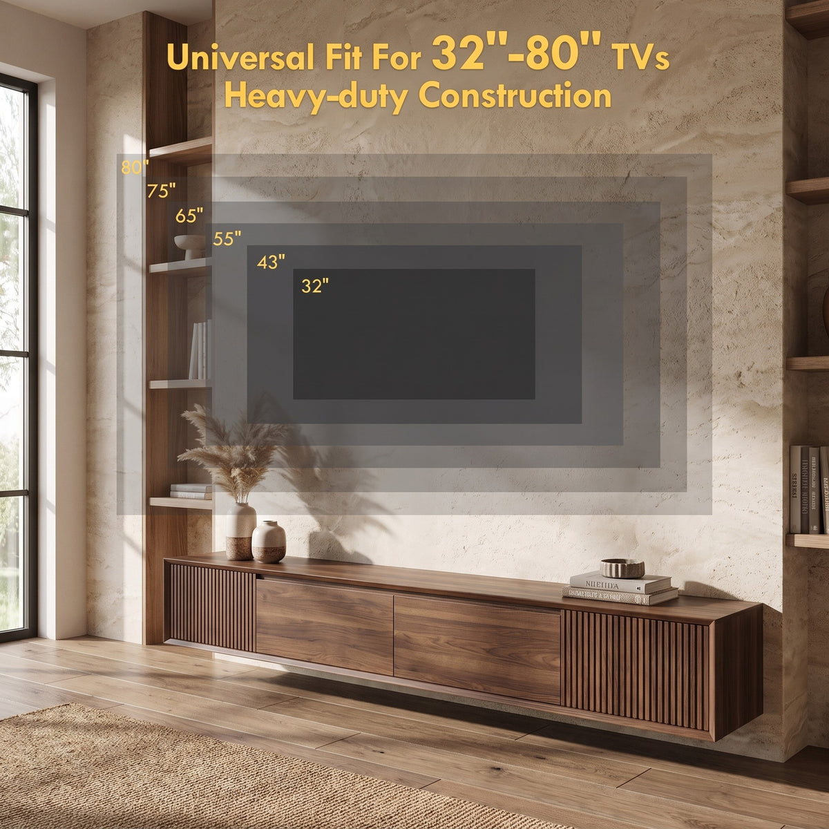 70" Low-Profile Entertainment Center with Leather-Wrapped Doors & Open Shelving Modern Black TV Stand, Holds Up to 300 lbs