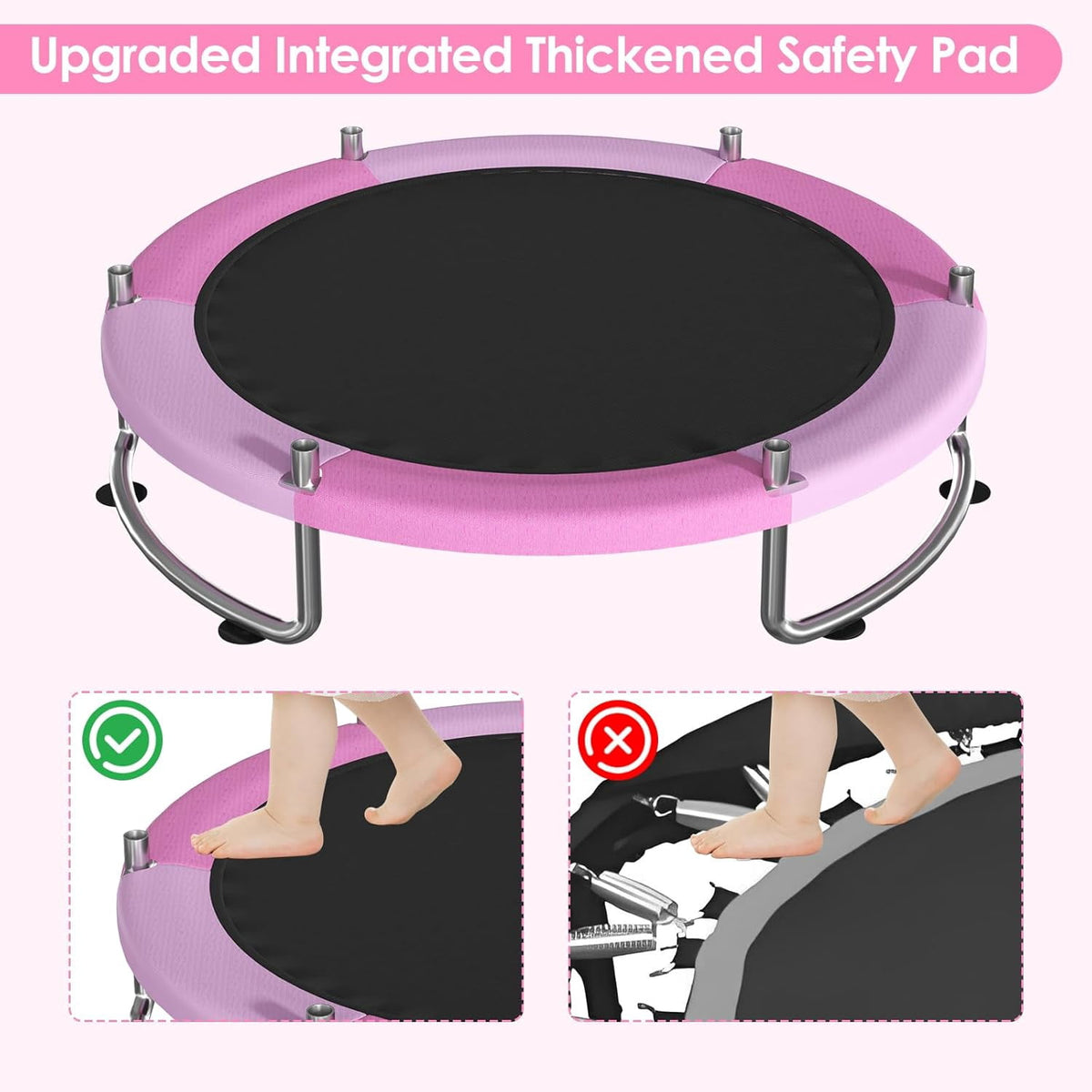55" Trampoline for Kids with Safety Net, 3-Level Adjustable Height, 500lb Capacity Indoor & Outdoor Jumper with Basketball Hoop for Boys & Girls, Pink