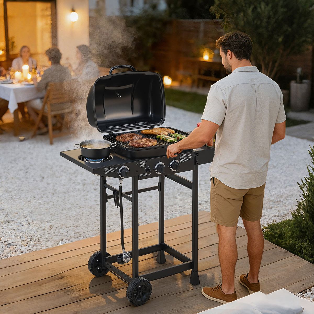 Portable Gas Grill, 24000BTU Grills with 2 Large Wheels, Propane Grill with Side Burner and Thermometer for Patio Activity