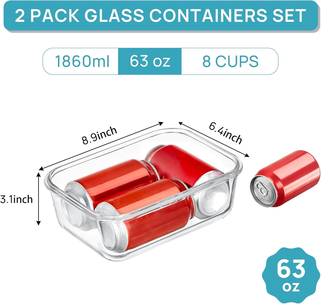 4 Piece Glass Food Storage Set, 2 Pack 63 Oz Glass Containers with Locking Leakproof Lids, Meal Prep & Food Storage Containers, Gray