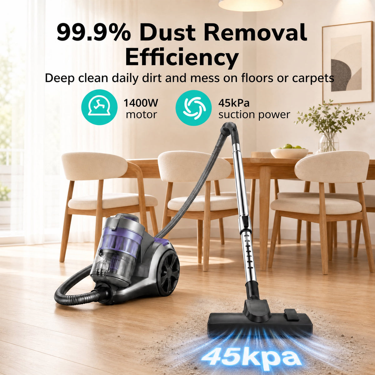 Canister Vacuum Cleaner, 1700W 45Kpa Bagless Vacuum Cleaner with Multi-Cyclonic Filtration, 2 HEPA Filters, 3.5QT, 4 Tools for Hard Floor, Pet Hair