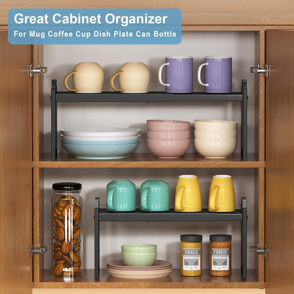 Expandable Cabinet Organizer Shelves 2 Pack, Stackable Kitchen Pantry Storage Rack, Adjustable Cupboard Shelf, Extends from Compact to 20.5"