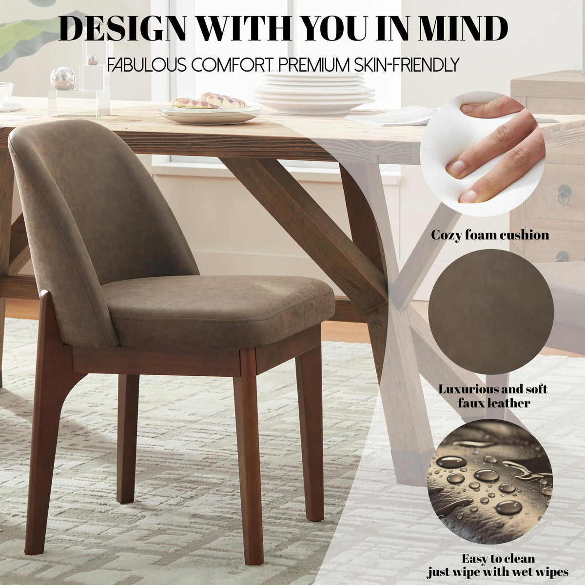 19.7" W Faux Leather Dining Chairs Set of 6, Modern Upholstered Kitchen Chairs with Solid Wood Legs, Easy Clean, Dark Brown