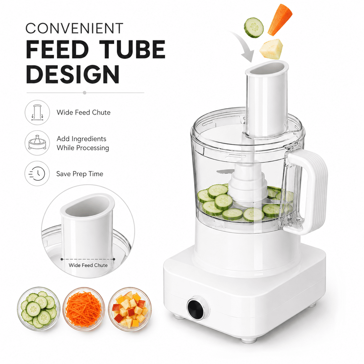 Hicloud Multifunctional Food Processor with Blender, Grinder, Chopper, Slicer, Shredder and Dough Blade, All-in-One Kitchen Prep System for Vegetables, Meat, Smoothies, White