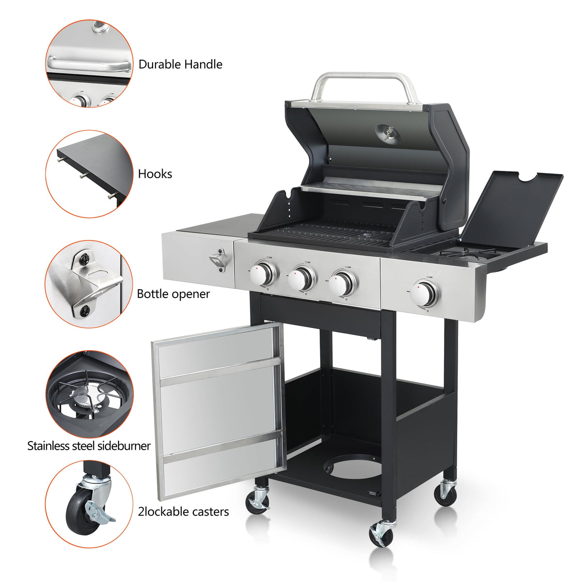 3 Burner Propane Gas Grill, 40000 BTU Stainless Steel BBQ Grill with Side Burner, Enameled Cast Iron Grates, Lockable Wheels, Outdoor for Patio Backyard Garden Camping, Black