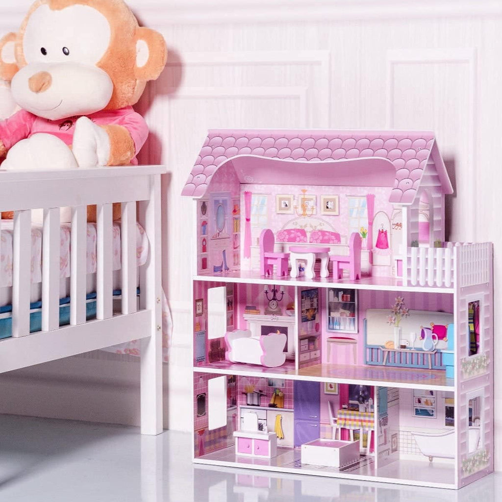 Wooden Dollhouse with warm LED Lights, 3-Story Pretend Play Doll House with 16 Furniture & Accessories, DIY Princess Playhouse, Creative Gift for Girls