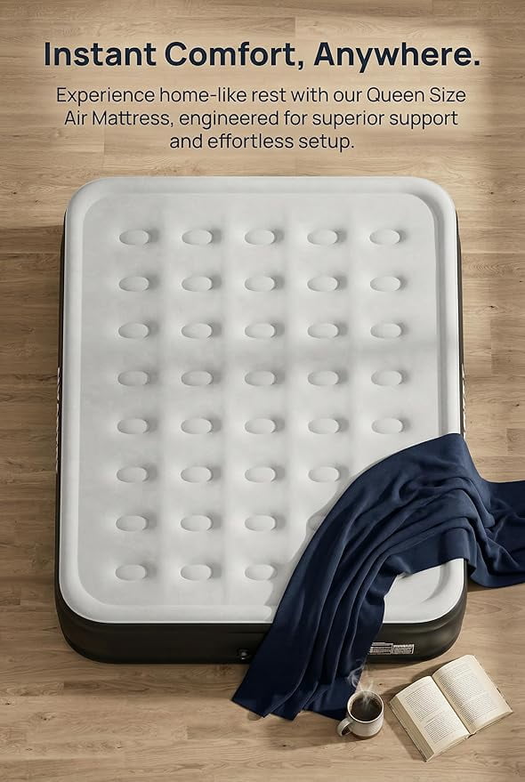 16 inch Portable Queen Air Mattress, Inflatable 3 minutes Thickened PVC material,bed surface Comfort Flocked cotton