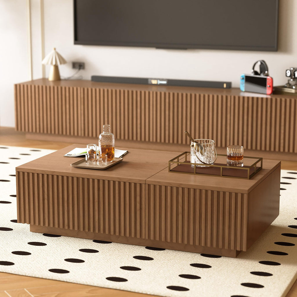 51.1" Mid-Century Modern Lift Top Coffee Table, Walnut Rectangular Center Table with Hidden Storage & Drawers, for Living Room, Apartment, Office