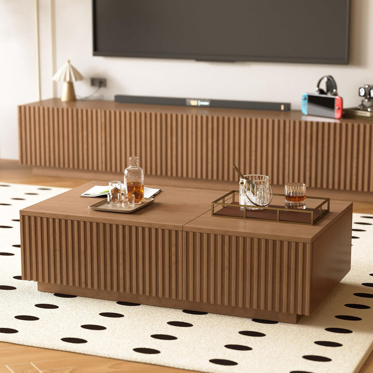 51.1" Mid-Century Modern Lift Top Coffee Table, Walnut Rectangular Center Table with Hidden Storage & Drawers, for Living Room, Apartment, Office