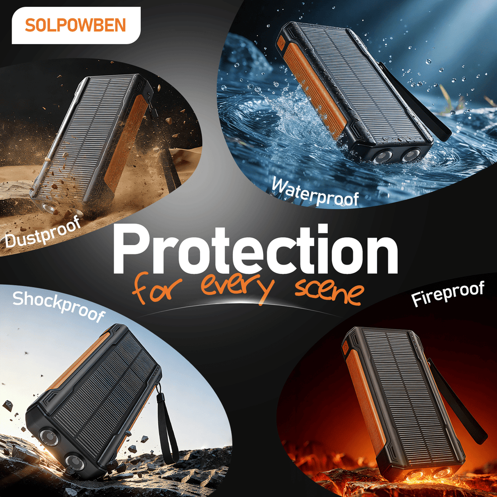 SOLPOWBEN Solar Power Bank 20000mAh Portable Charger for Cell Phones, 15W Fast Charging, Built-in 4 Cables, with Dual LED Flashlight for Camping, Hiking and Emergency