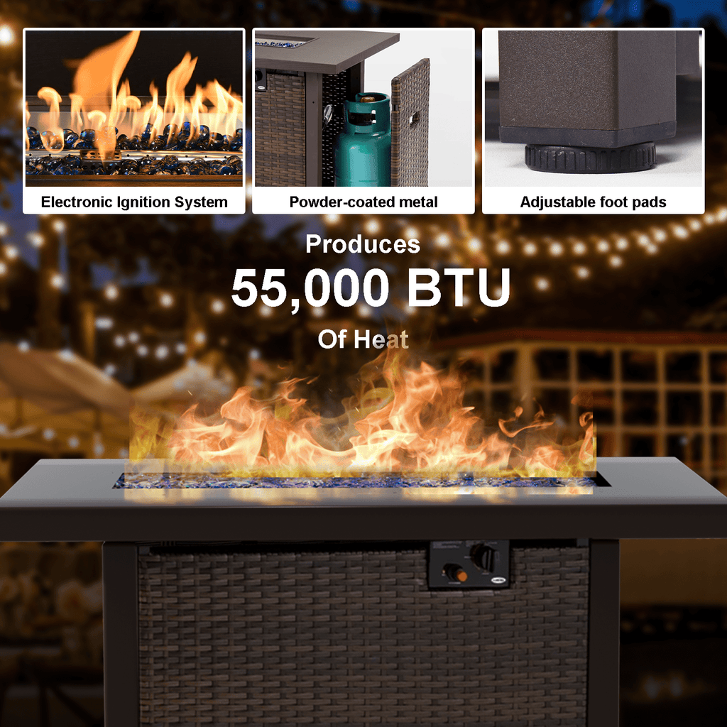 TANGJEAMER42" 55,000 BTU Outdoor Propane Fire Pit Table with Tempered Glass Beads – Hand-Woven Rattan Design with Pull-Out Drawer & Protective Lid