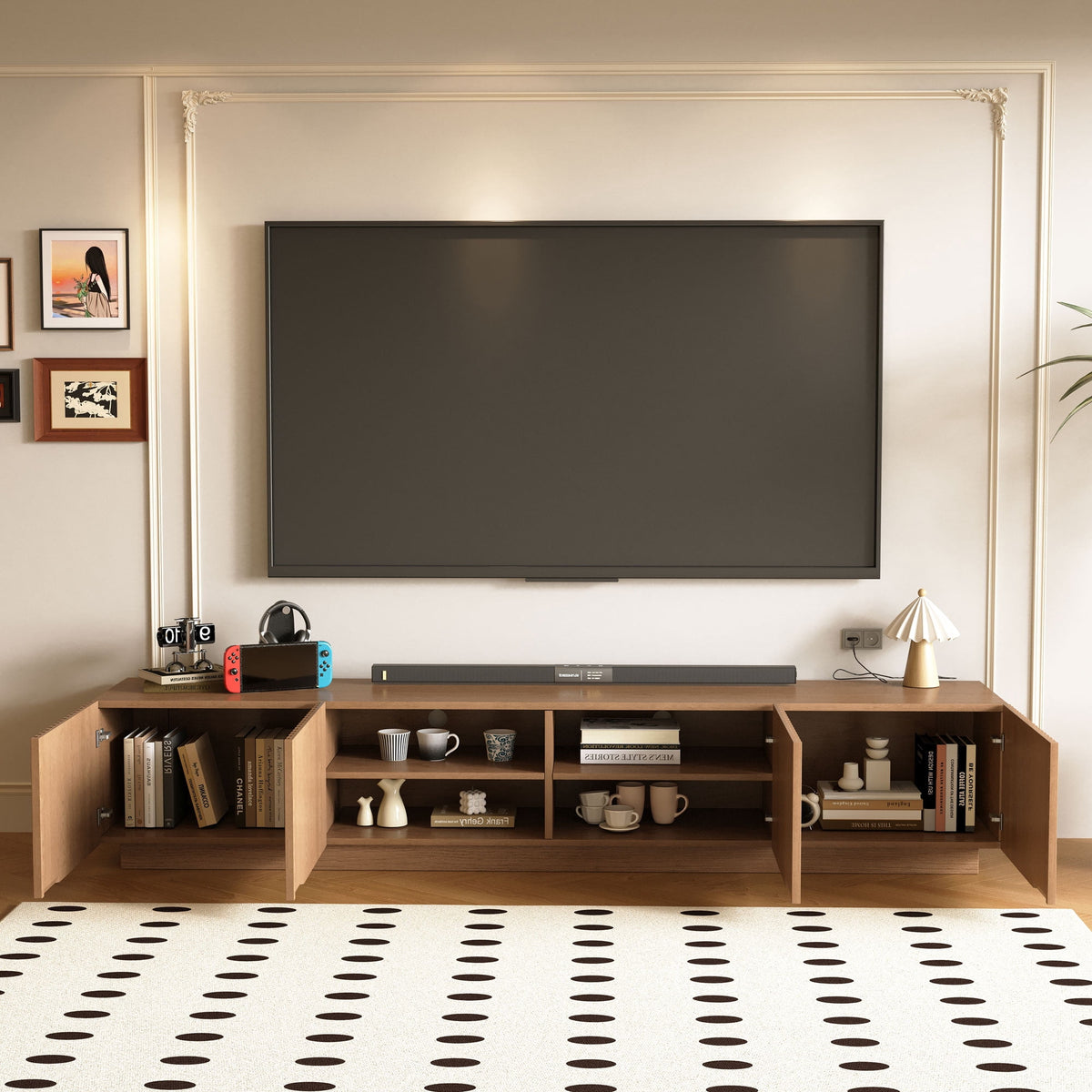 86.61" Mid-Century Modern TV Stand for TVs up to 85", Sturdy Living Room Furniture Media Console with Large Storage Space, Entertainment Center for Living Room and Bedroom, Walnut