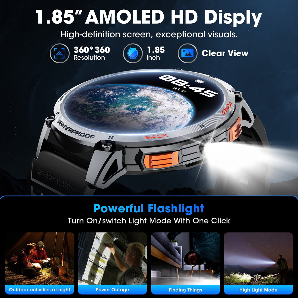 Military Smart Watch for Men, 55MM AMOLED Display，with 110+Sports Modes/IP68 waterproof，fits for Android and iPhone Devices (Black)