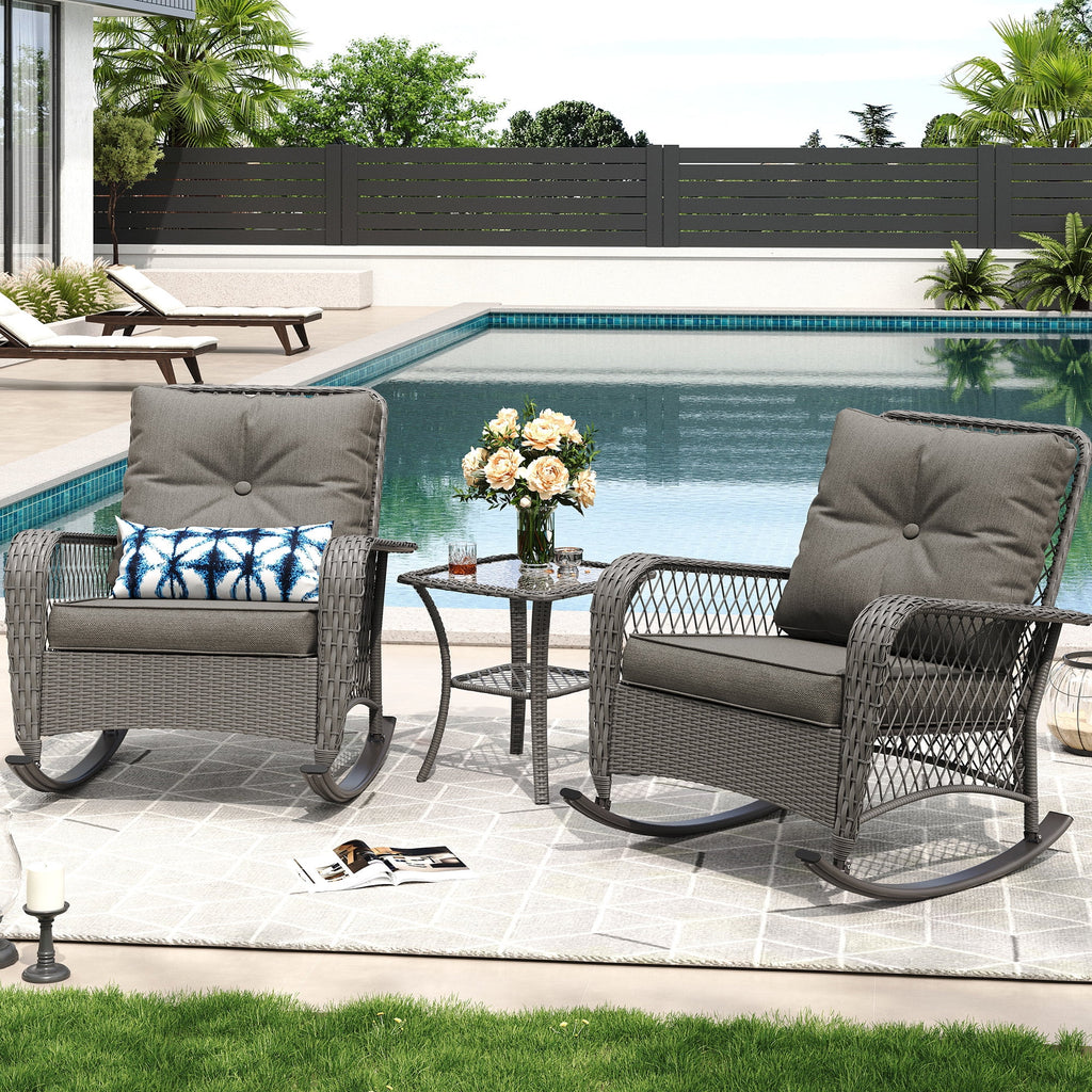 MRUAKA Outdoor Rocking Chairs Set of 3, Wicker Patio Furniture with Thickened Cushions and Table for Porch，350lbs Weight Capacity(Gray)