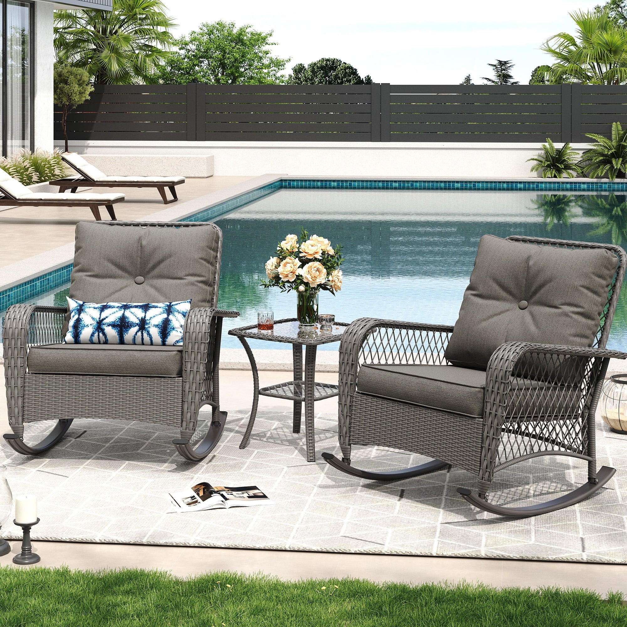 MRUAKA Outdoor Rocking Chairs Set of 3, Wicker Patio Furniture with Thickened Cushions and Table for Porch，350lbs Weight Capacity(Gray)