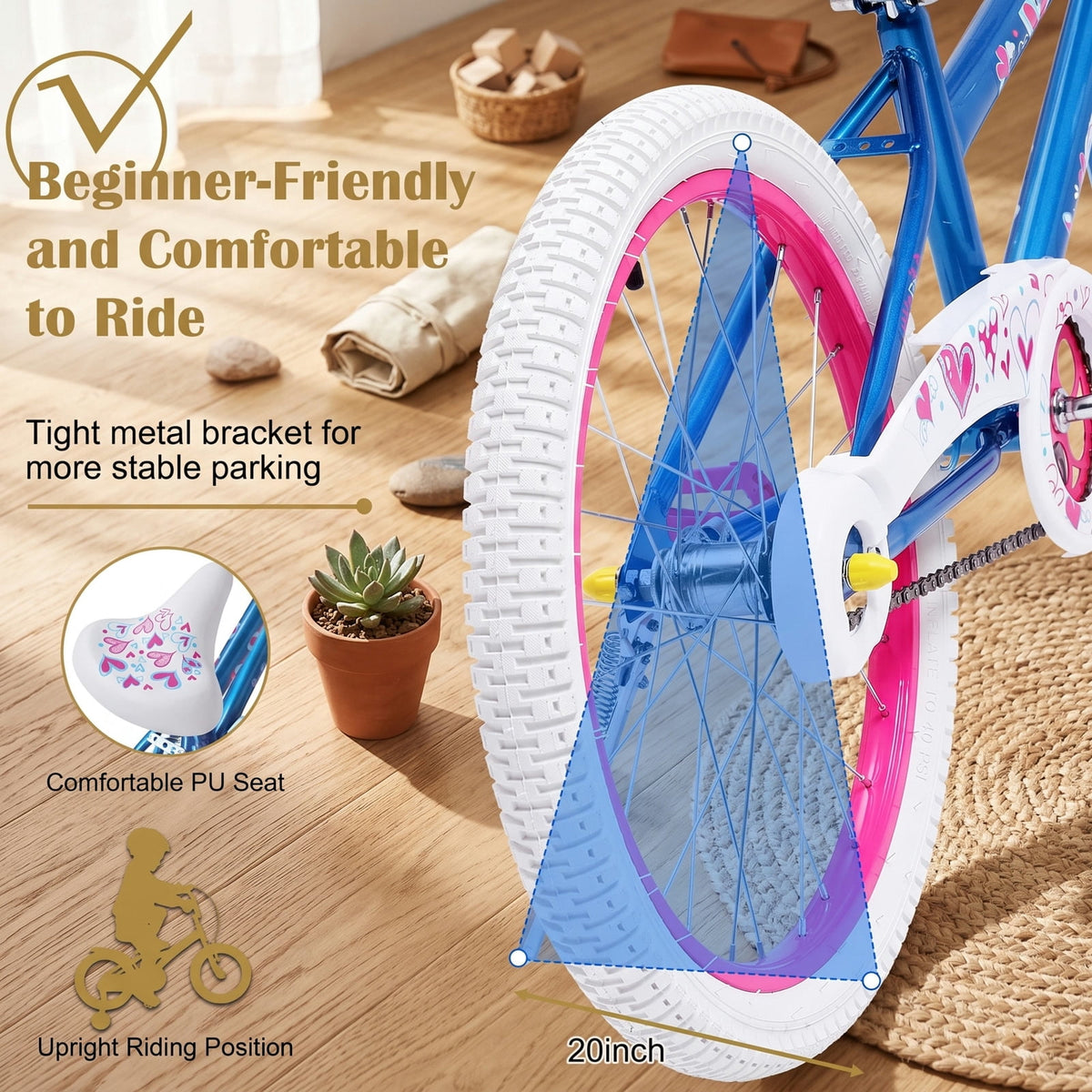 Girls 20 in. Bicycle, Youth Kids Bike for Age 7-14, Blue