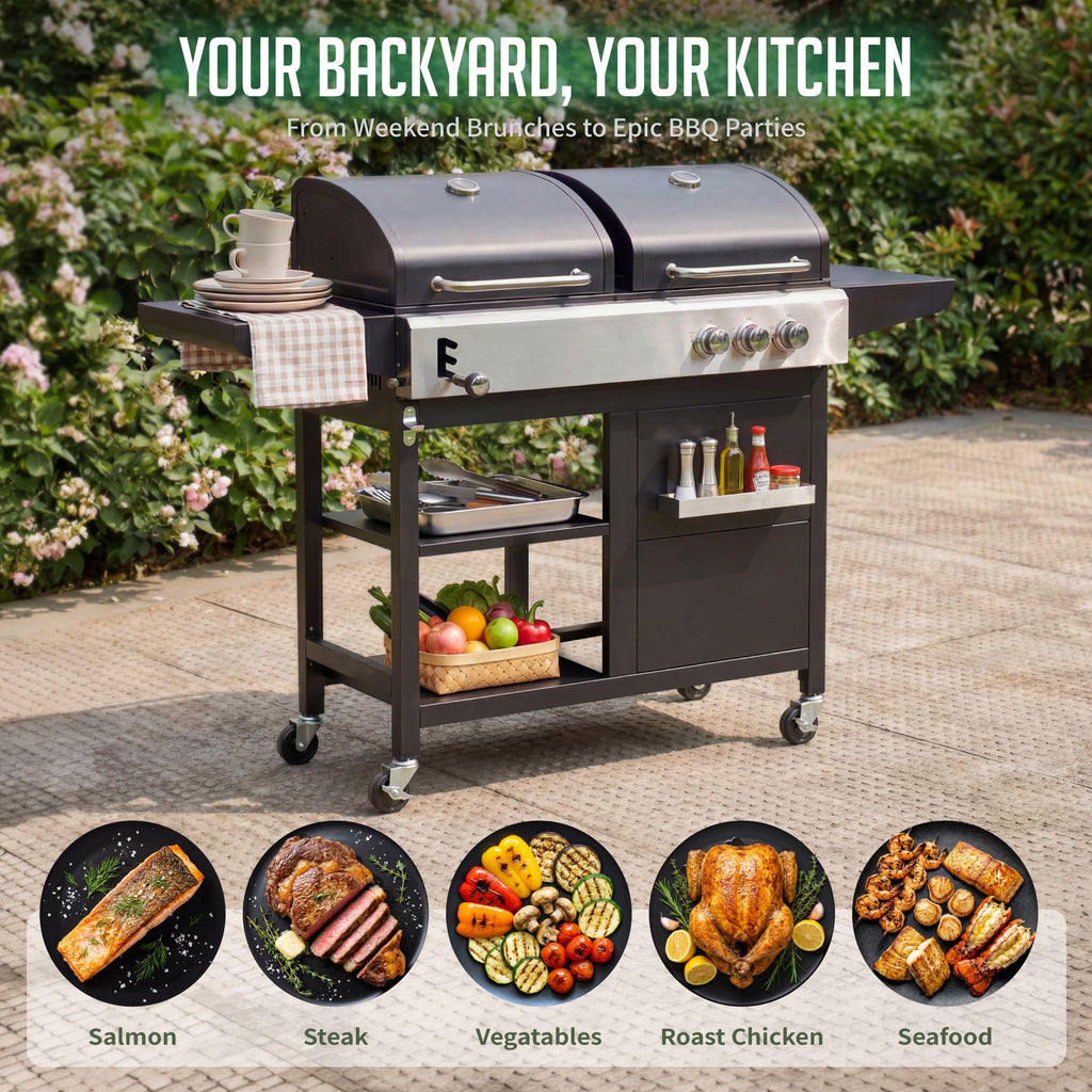 3-Burner Gas and Charcoal Grill Combo, Dual Fuel 54,000 BTU BBQ Propane Grill with Side Burner for Backyard BBQ, Outdoor Cooking & Camping