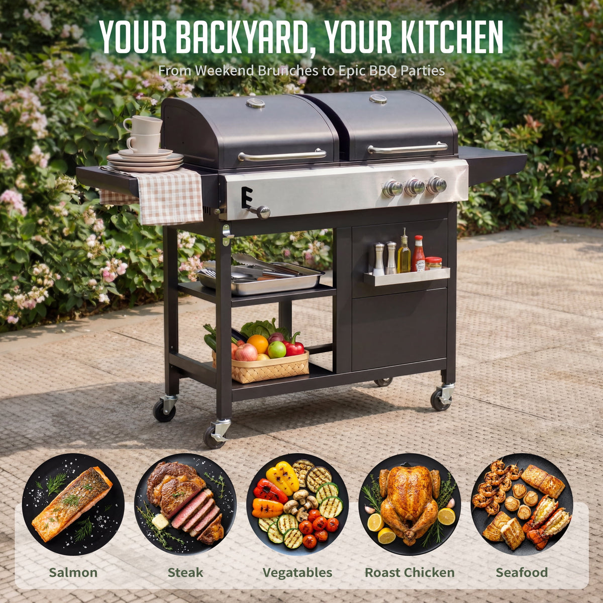 3-Burner Gas and Charcoal Grill Combo, Dual Fuel 54,000 BTU BBQ Propane Grill with Side Burner for Backyard BBQ, Outdoor Cooking & Camping