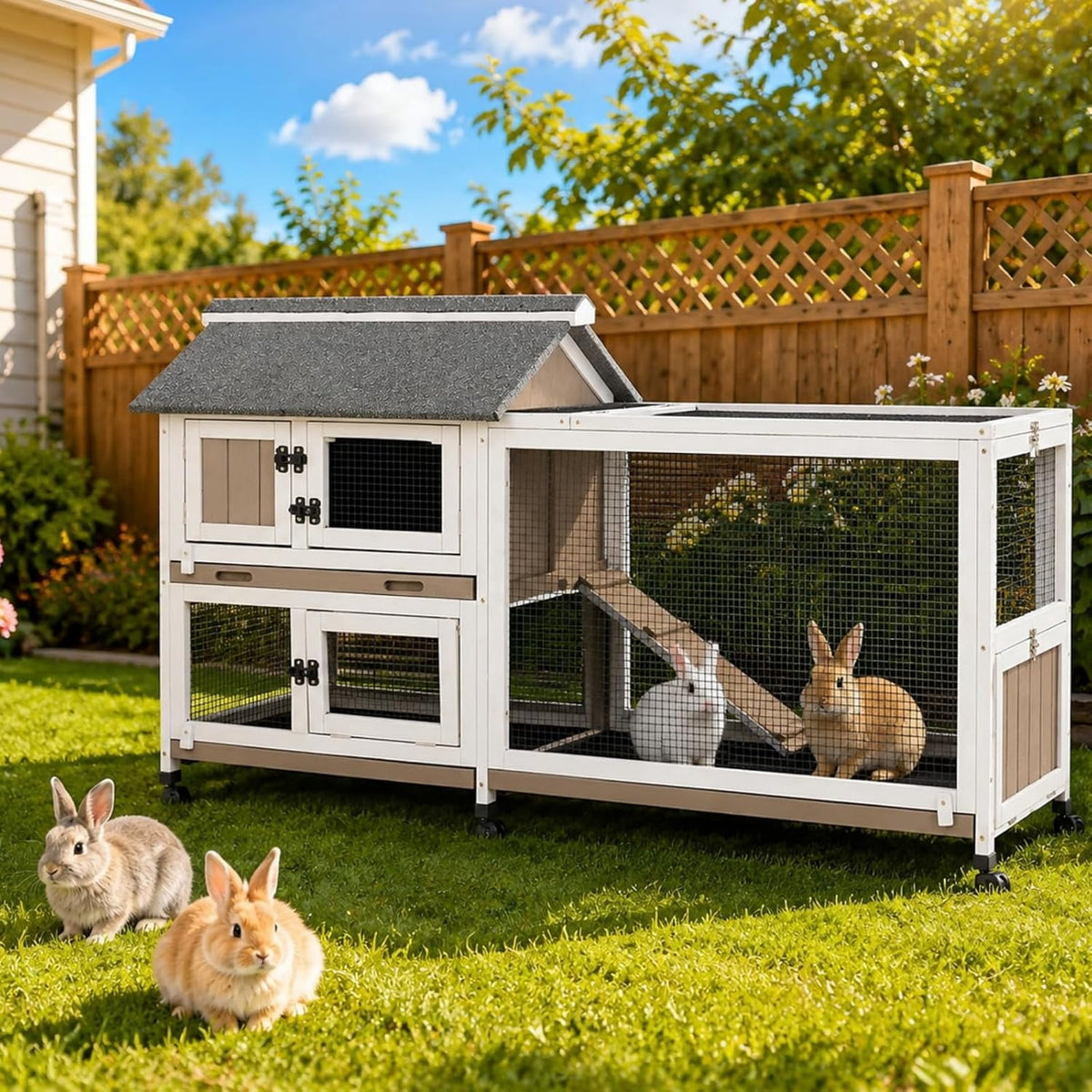 2-Story Rabbit Hutch Indoor Outdoor Wooden Cage with Wheels & 3 Pull-Out Trays