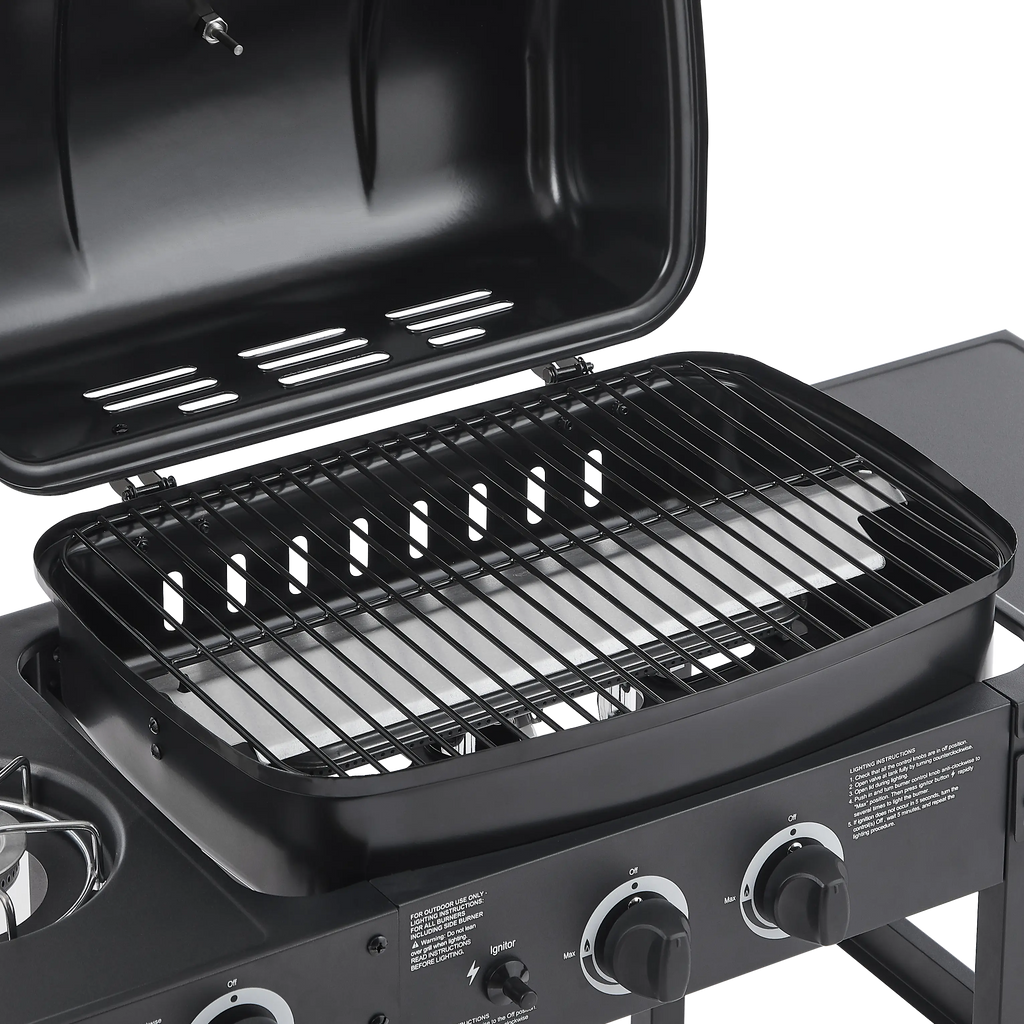 Portable Gas Grill, 24000BTU Grills with 2 Large Wheels, Propane Grill with Side Burner and Thermometer for Patio Activity