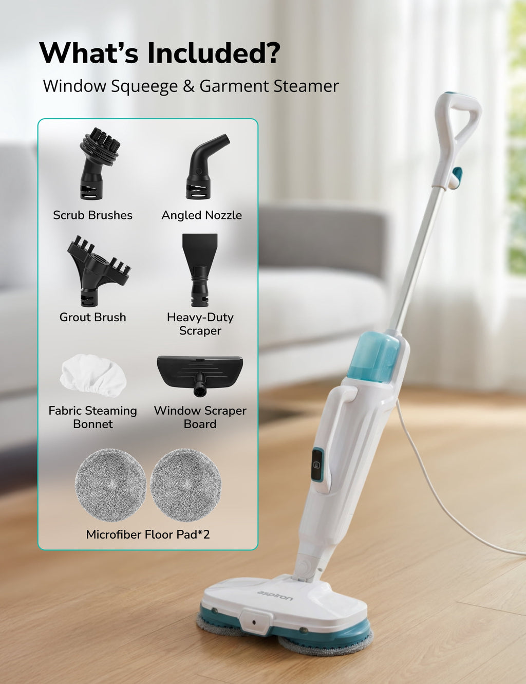 Steam Mop, 10-in-1 Steam Mop and Handheld Steamer, 15s Heat-Up, Self-Rotating Scrub Pads, 2 Steam Modes with Spray,500ML Removable Tank,LED Light,Floor Steamer for Hardwood,Tile, Carpet,Car
