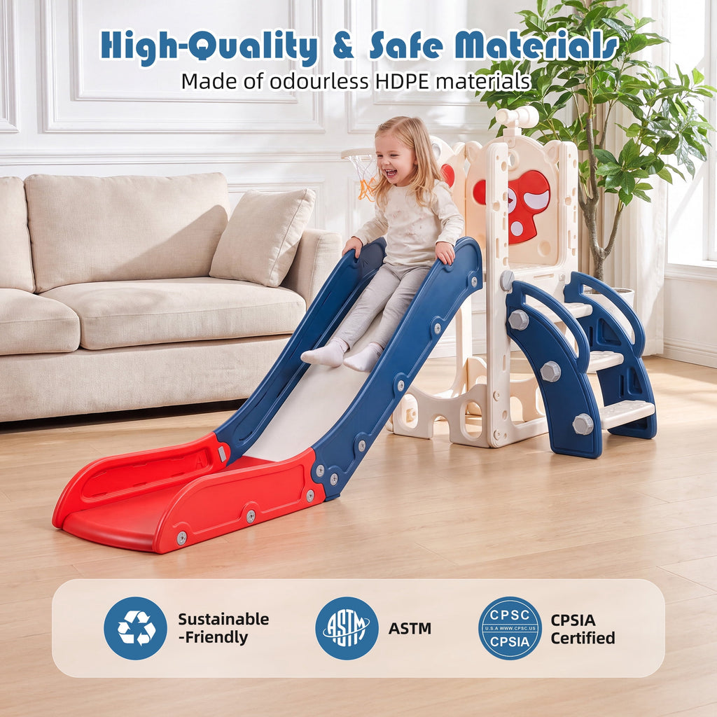 7-in-1 Toddler Slide with Climber and Basketball Hoop, Foldable Indoor Outdoor Kids Slide Playset with Golf Set