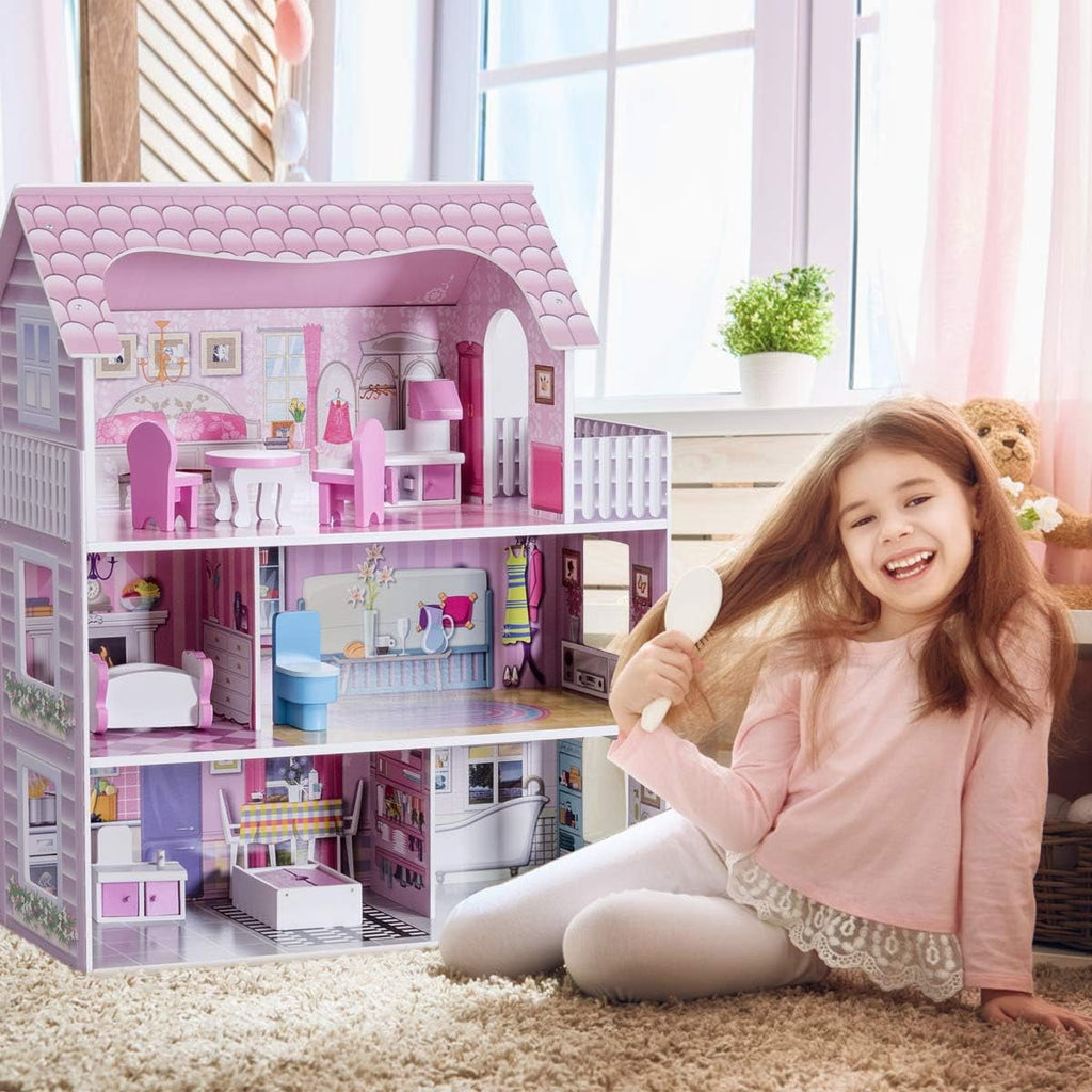 Wooden Dollhouse with warm LED Lights, 3-Story Pretend Play Doll House with 16 Furniture & Accessories, DIY Princess Playhouse, Creative Gift for Girls
