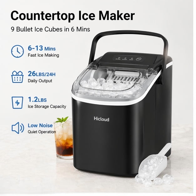 Hicold Countertop Ice Maker, Self-Cleaning Portable Ice Maker Machine, 26.5Lbs/24H Fast 9 Cubes/6Min, with Handle and Ice Scoop, Black for Home Kitchen Bar Camping