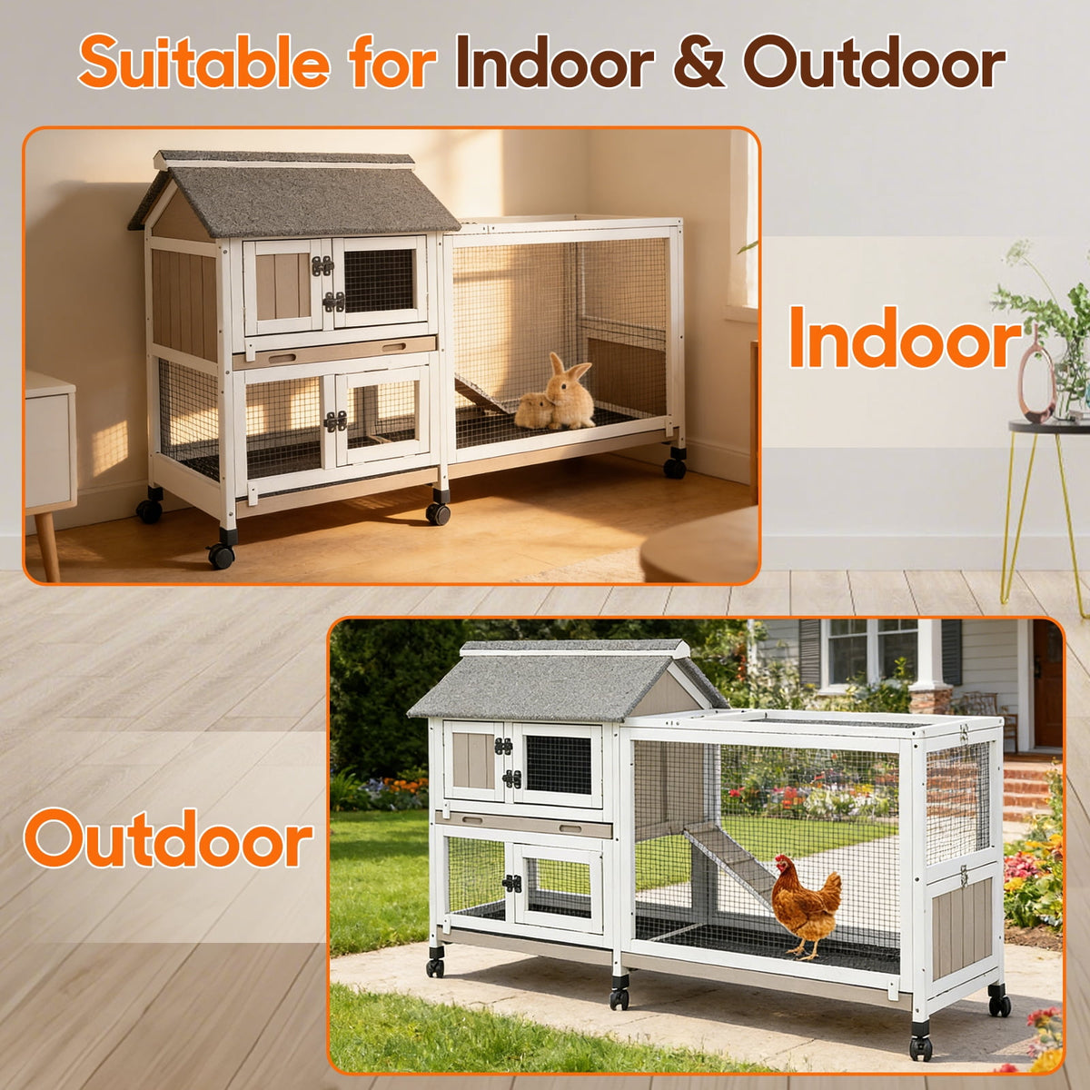 2-Story Rabbit Hutch Indoor Outdoor Wooden Cage with Wheels & 3 Pull-Out Trays