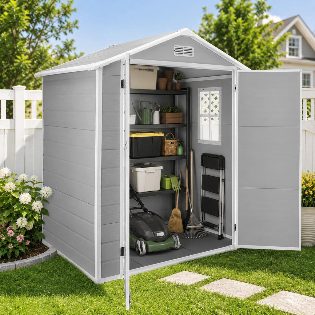 6x4 FT Resin Outdoor Storage Shed with Floor, Plastic Garden Shed with Double Doors, Window & Ventilation, Sloped Roof for Backyard, Garden, Patio & Lawn Equipment, Light Gray