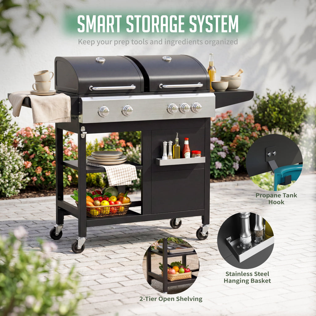 5-Burner Propane Gas Grill and Griddle Combo, 54,000 BTU Dual Fuel BBQ Grill with Side Burner for Backyard, Patio Outdoor Cooking & Entertaining