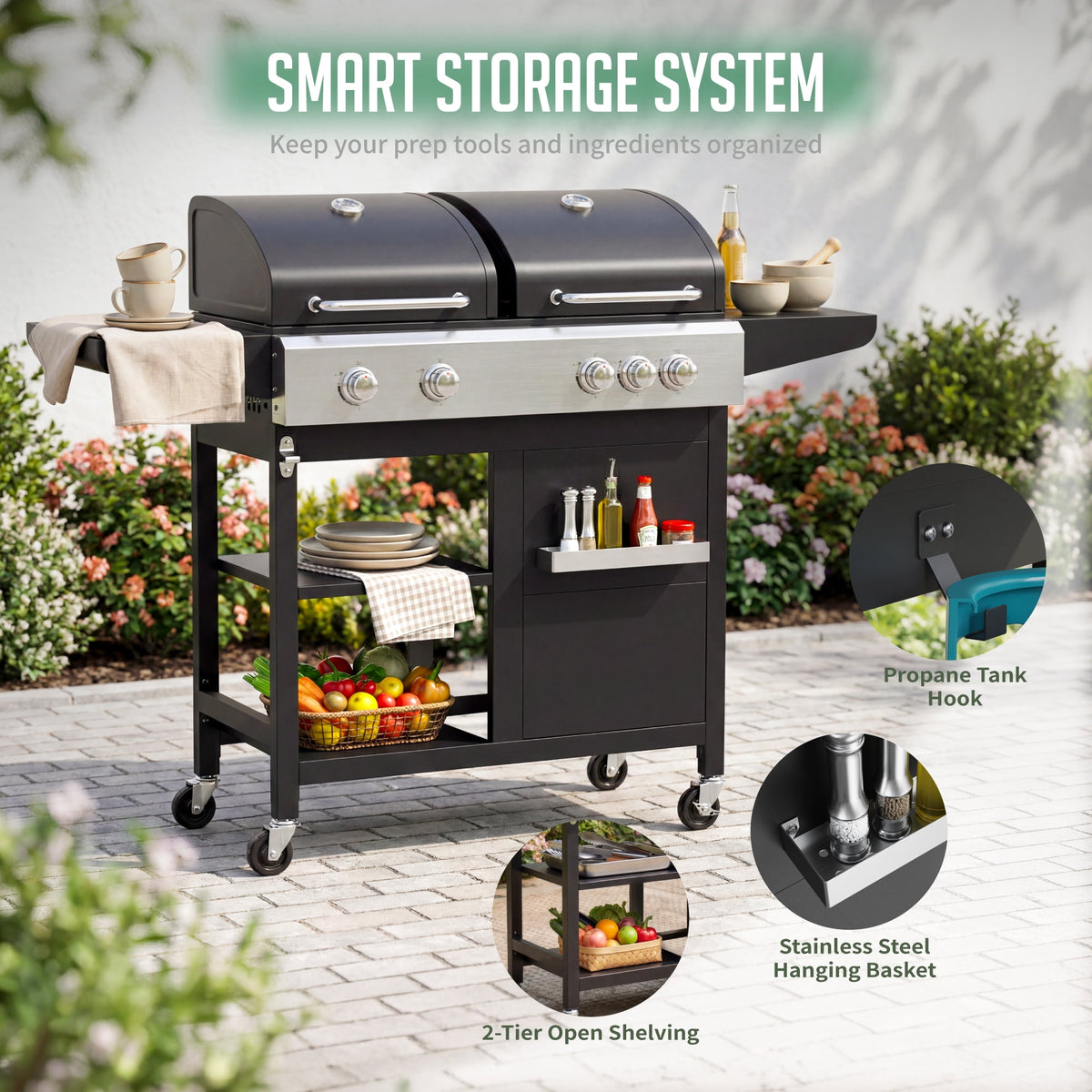 5-Burner Propane Gas Grill and Griddle Combo, 54,000 BTU Dual Fuel BBQ Grill with Side Burner for Backyard, Patio Outdoor Cooking & Entertaining