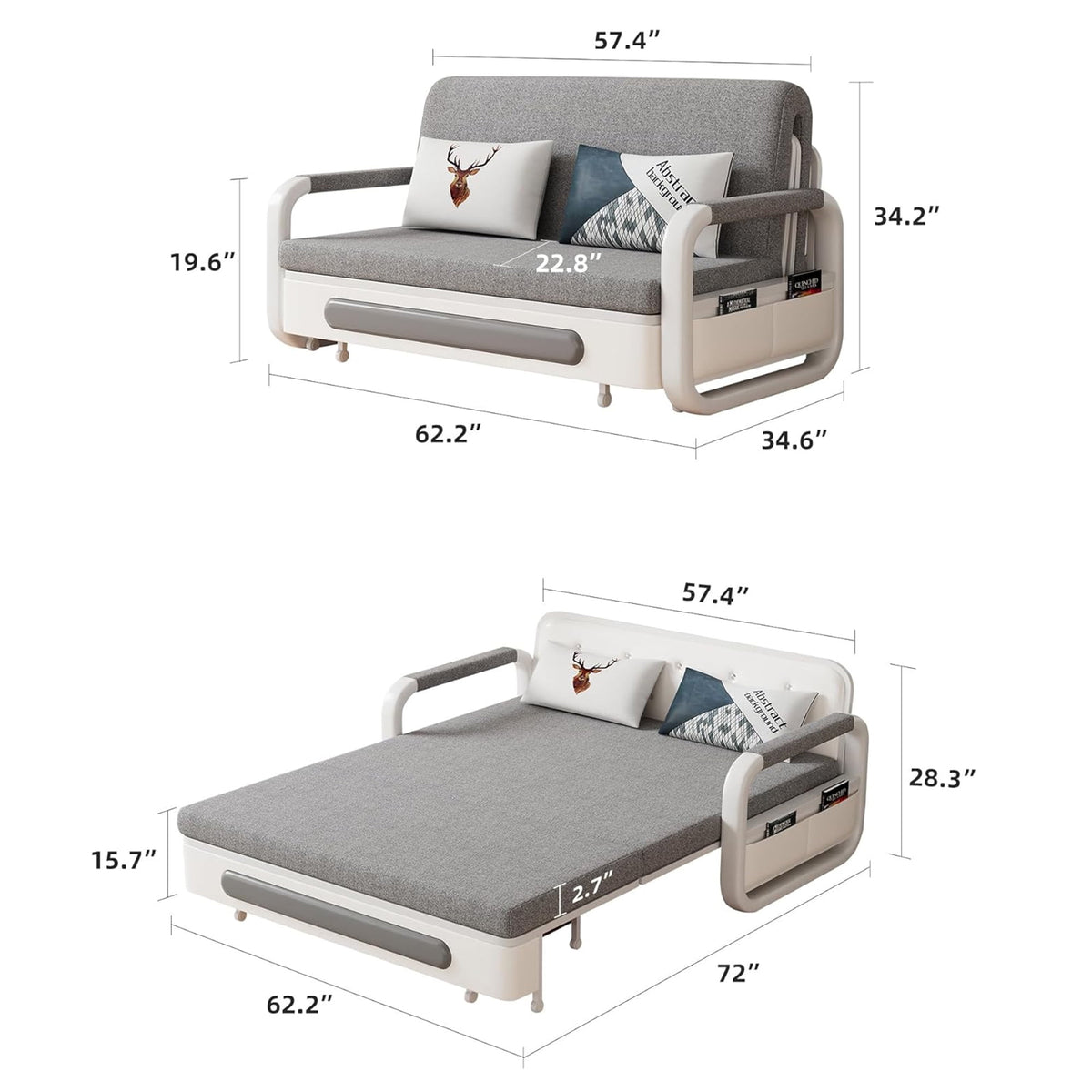 Furniture Modern Living 3-in-1 Sofa Bed, Gray Cotton-Linen with Assembly Tools