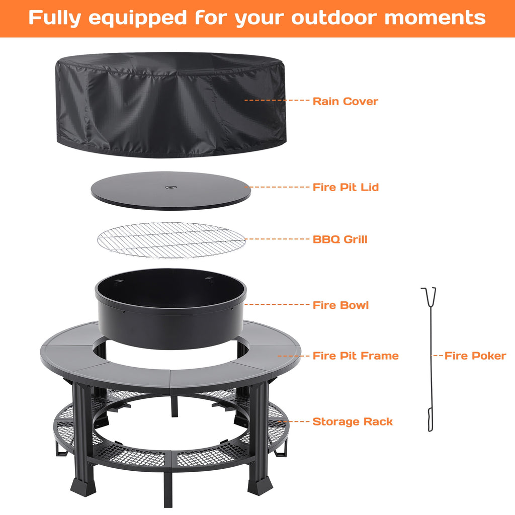 38" Fire Pits for Outside, SEGMART Outdoor Fire Pit, Round Wood Burning Fire Pit with Grill, Poker, Waterproof Cover, Fire Pit Table for Patio BBQ, Backyard Fire Pit, Firepit for Outside Patio, Black