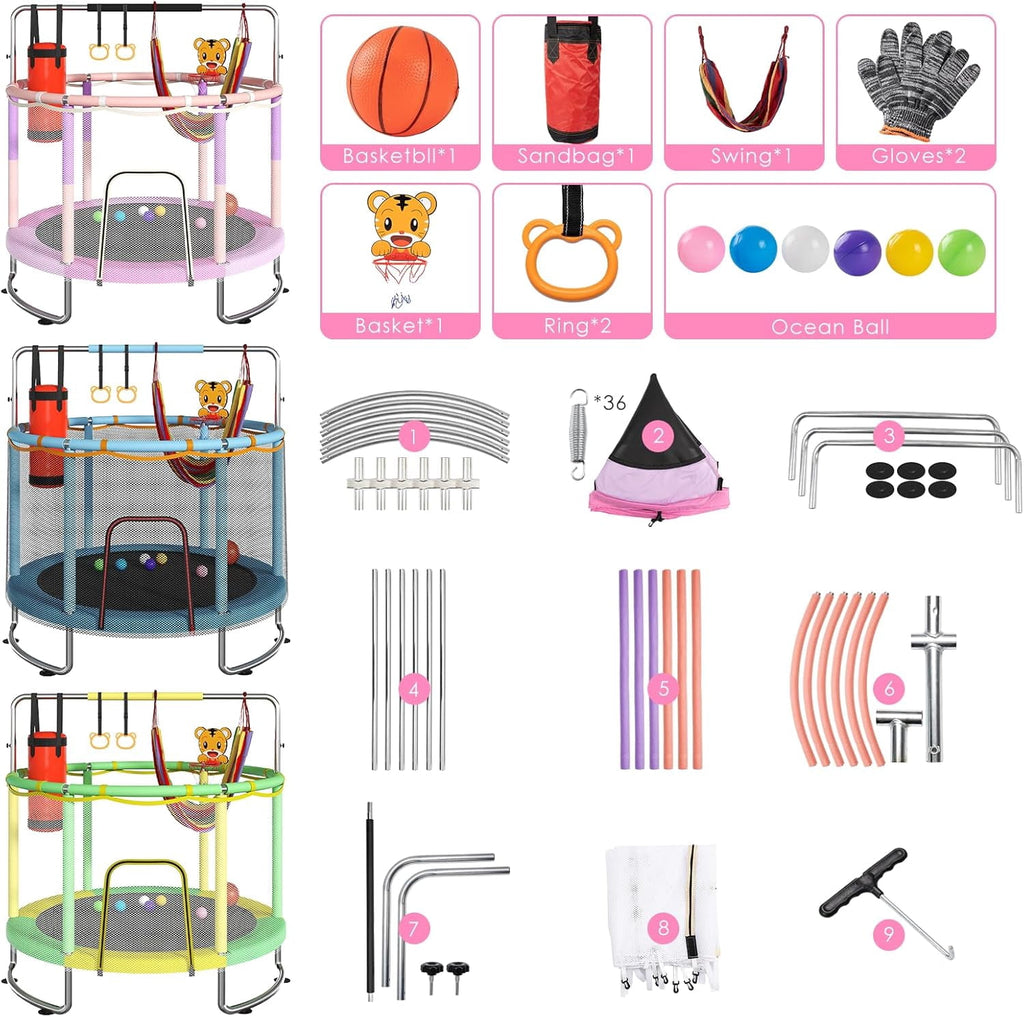 55" Trampoline for Kids with Safety Net, 3-Level Adjustable Height, 500lb Capacity Indoor & Outdoor Jumper with Basketball Hoop for Boys & Girls, Pink