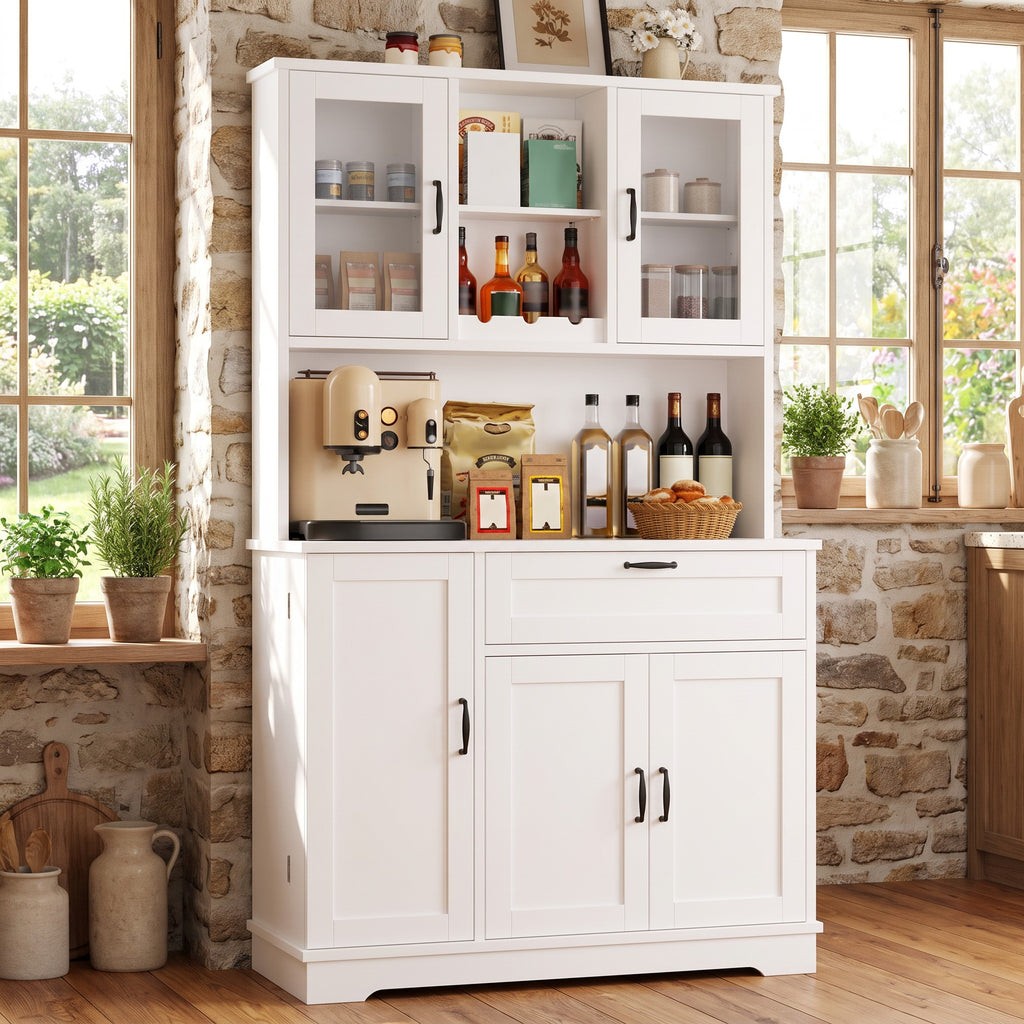 68" Farmhouse Kitchen Pantry Storage Cabinet with Doors, Shelves & Wine Rack, 7-Compartment Tall Hutch, White