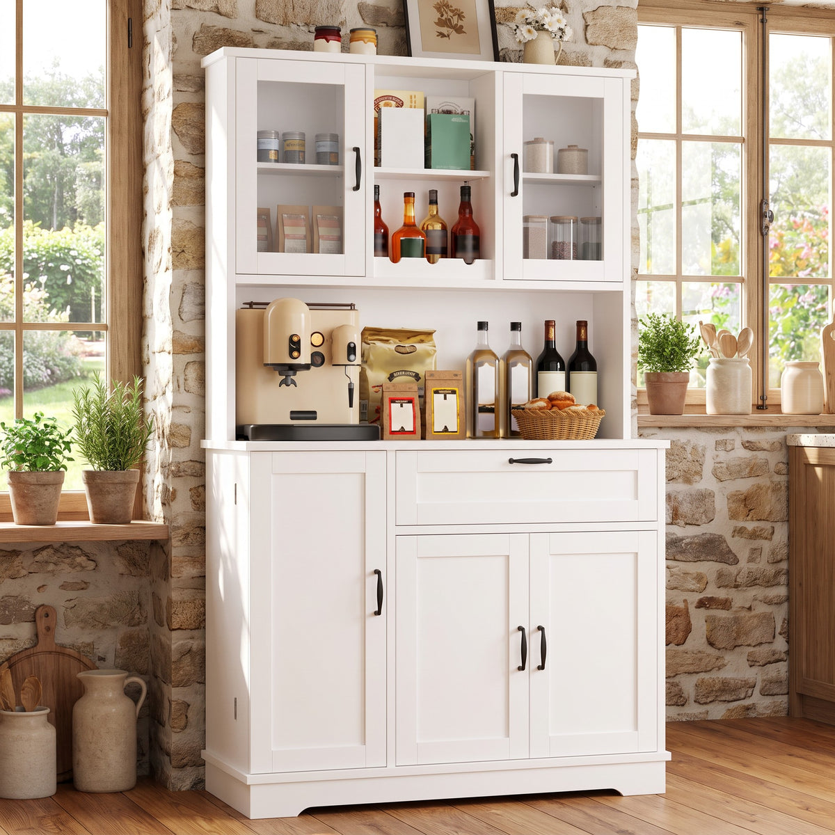 68" Farmhouse Kitchen Pantry Storage Cabinet with Doors, Shelves & Wine Rack, 7-Compartment Tall Hutch, White