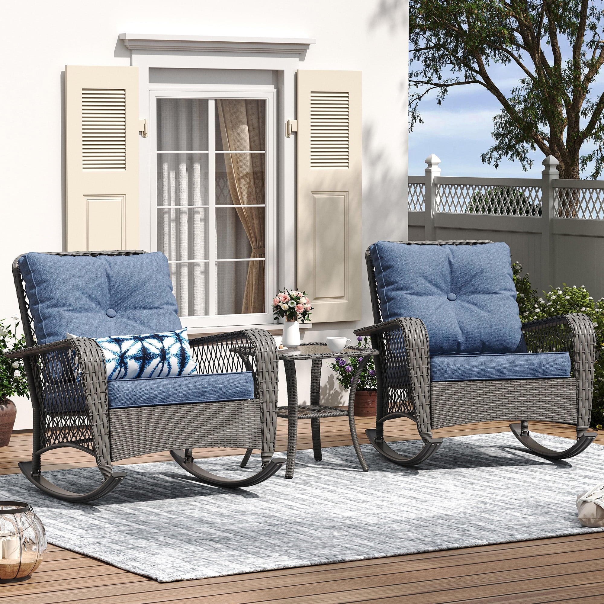 MRUAKA Outdoor Rocking Chairs Set of 3, Wicker Patio Furniture with Thickened Cushions and Table for Porch，350lbs Weight Capacity(Blue)
