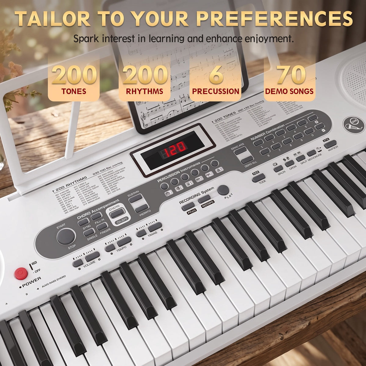 61 Key Lighted Keyboard Piano for Beginners with Stand, Bench, Microphone, Headphone & Built-In Speakers – White Electric Piano