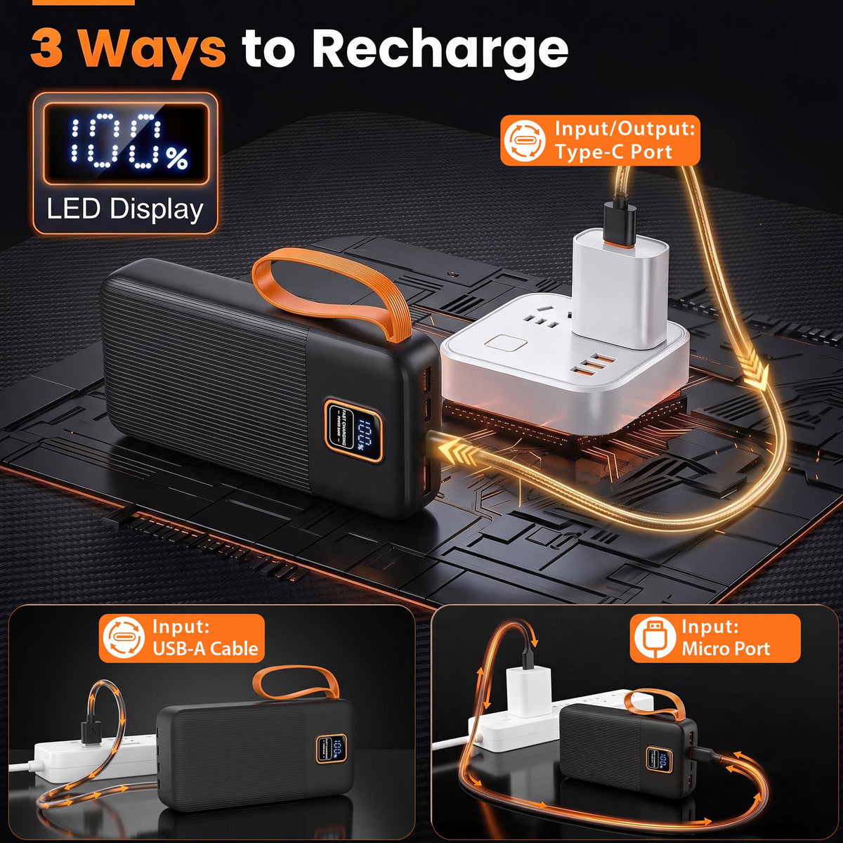 38800mAh Portable Charger Power Bank, 22.5W Fast Charging Slim Travel Battery Pack with 4 Built‑in Cables, Multi‑Ports for Outdoor, iOS & Android Devices